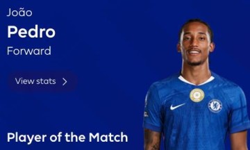 开云体育移动版-三球一助，若昂-佩德罗当选切尔西客战维拉全场最佳球员